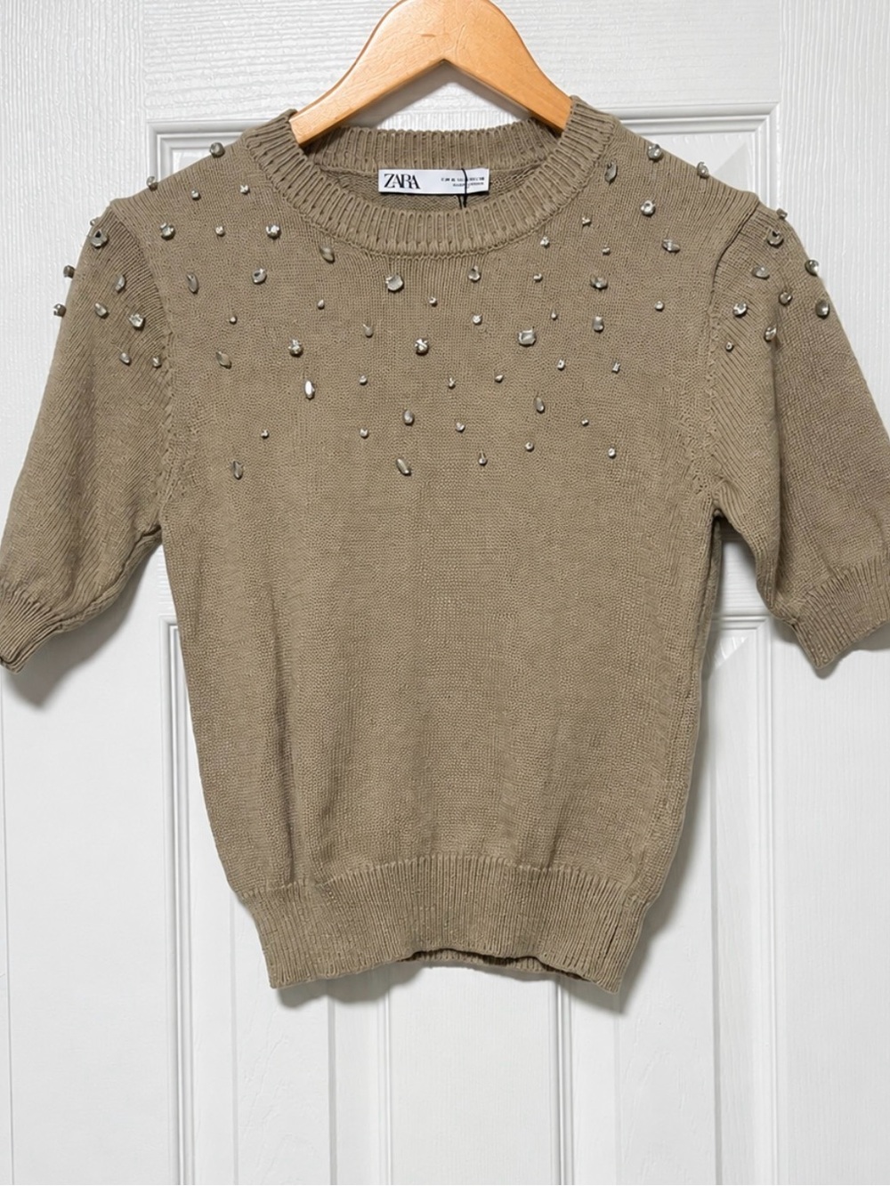 Zara Taupe Rhinestone Embellished Knit Sweater Top Short Sleeve Size M NWT